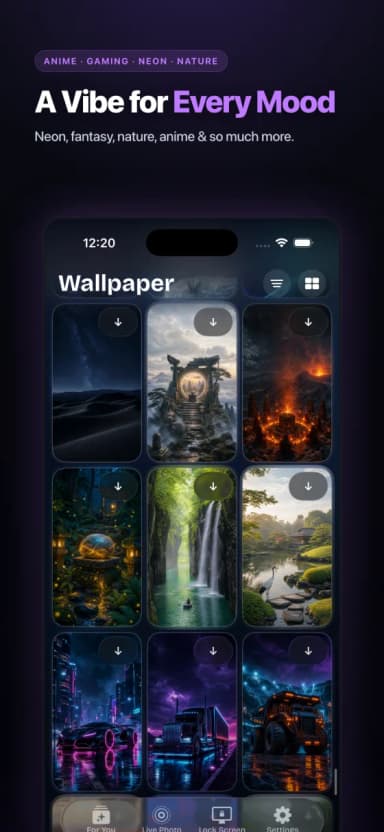2Live App Store screenshot — A vibe for every mood — neon, fantasy, nature, anime, gaming and more