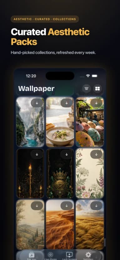 2Live App Store screenshot — Curated aesthetic wallpaper packs, hand-picked and refreshed every week