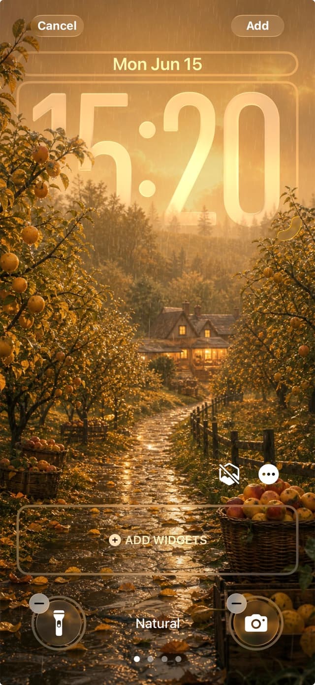 iPhone lock screen — a golden autumn orchard at dusk