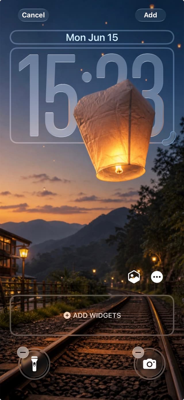 iPhone lock screen — a Taiwan sky lantern glowing over the mountains