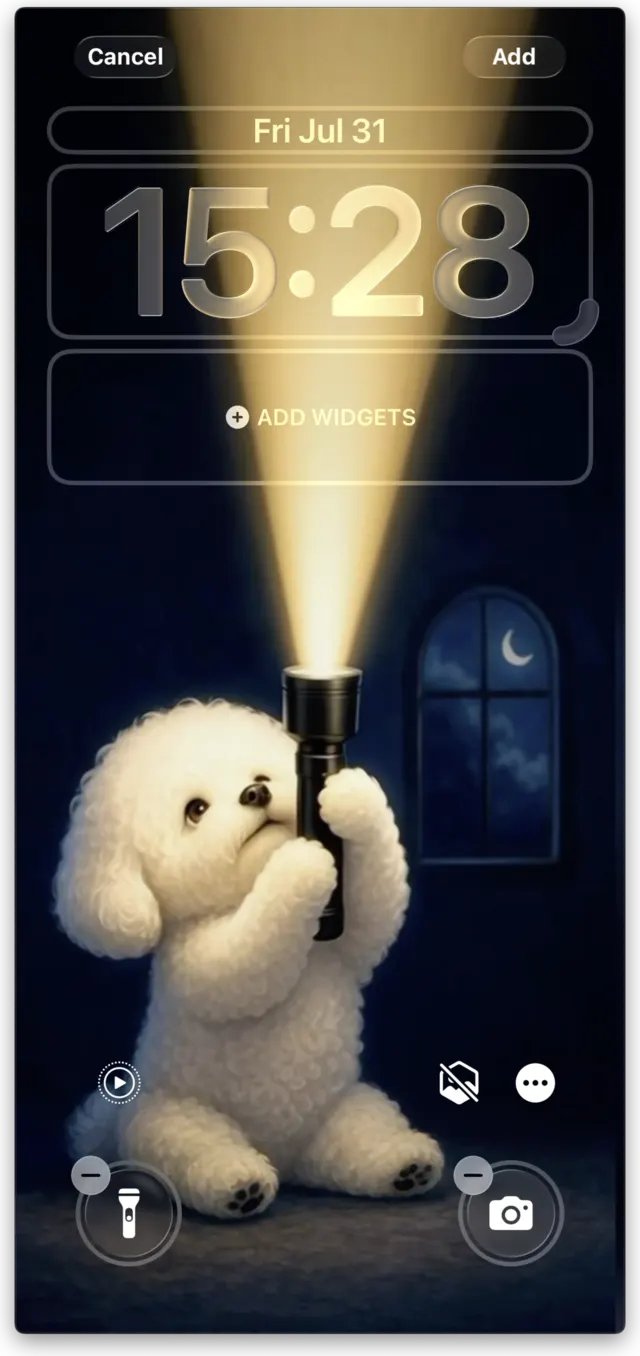 iPhone lock screen wallpaper editor with the circular motion play toggle enabled in the bottom-left corner