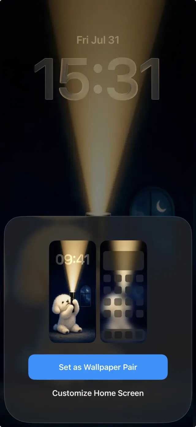 iPhone wallpaper preview sheet offering “Set as Wallpaper Pair” and “Customize Home Screen”